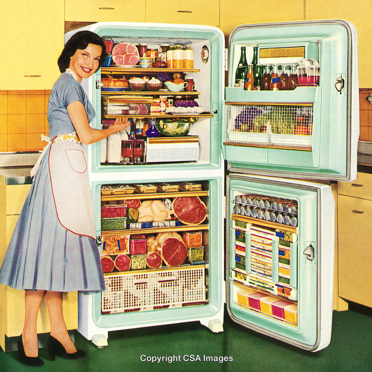 Retro Kitchen Scene with Fully Stocked Refrigerator and Smiling Woman
