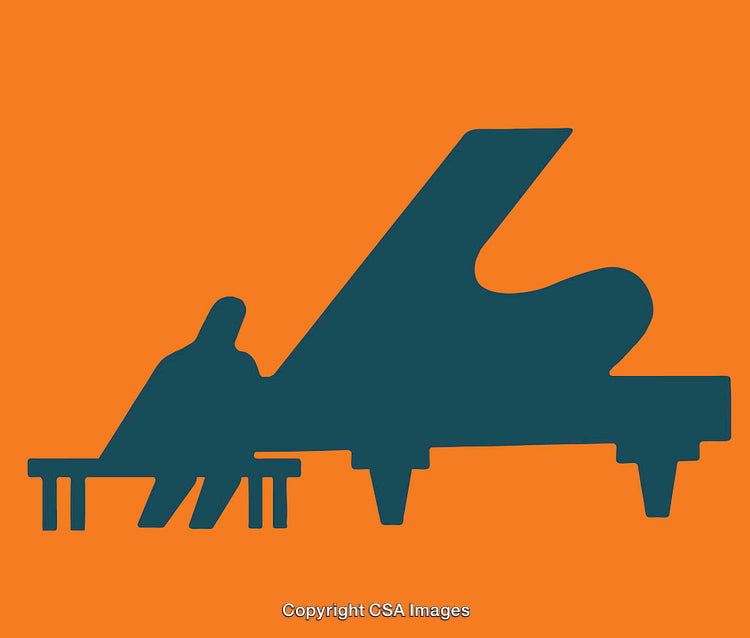 Silhouette of Musician and Grand Piano on Orange Background