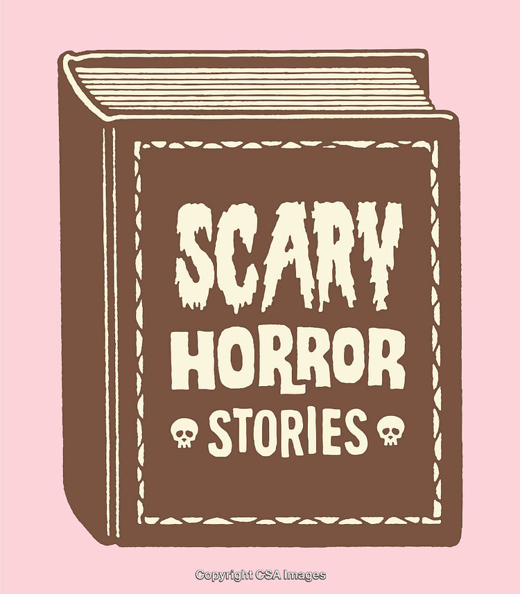 Illustration of a Book With Scary Horror Stories Text on Pink Background