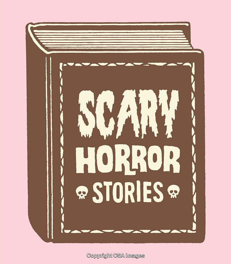 Illustration of a Book With Scary Horror Stories Text on Pink Background