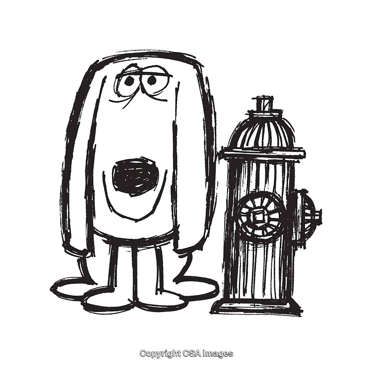 Cartoon Dog with Fire Hydrant in Black and White Line Art