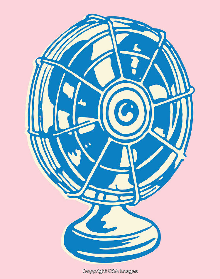 Retro Blue Electric Fan Line Art on Soft Pink Background