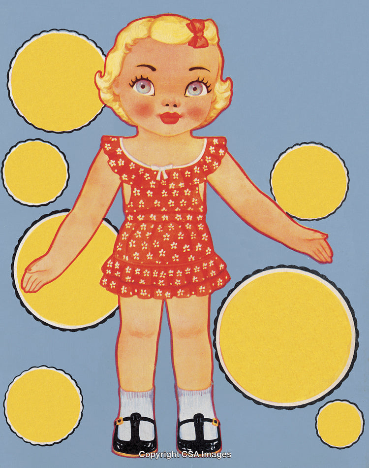 Vintage Paper Doll Illustration with Blossoms and Retro Design
