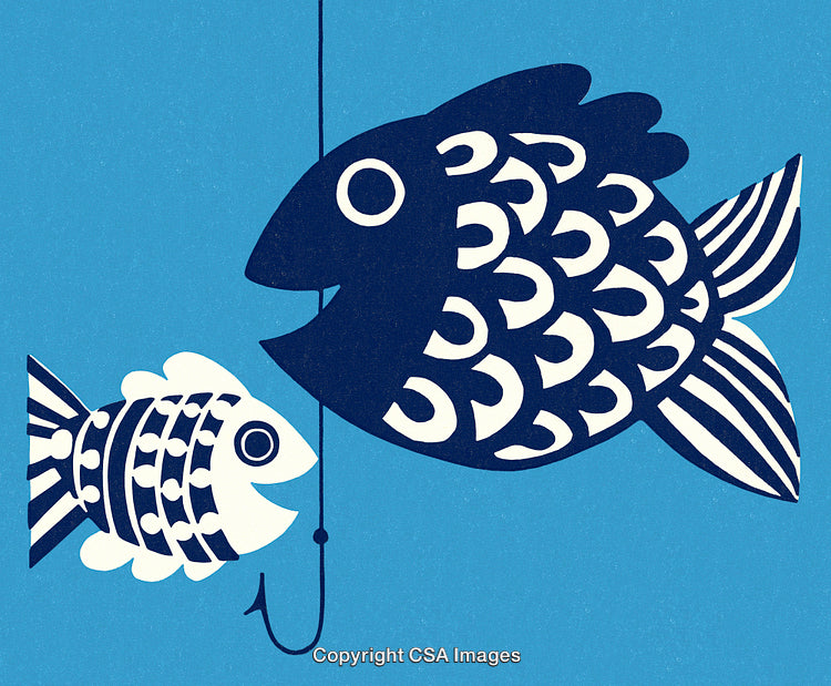 Illustration of Two Stylized Fishes with a Hook in a Minimalistic Design