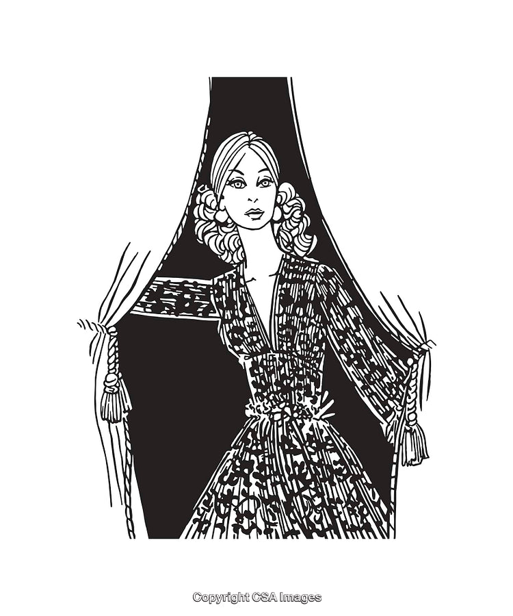 Elegant Woman Drawing Opening Curtains in Black and White Line Art