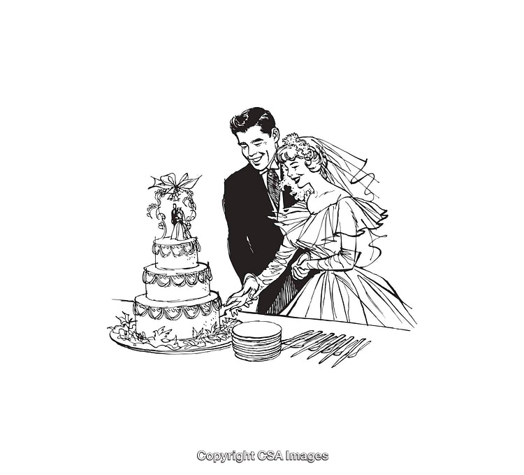 Vintage Wedding Couple Cutting a Tiered Cake Illustration in Black and White
