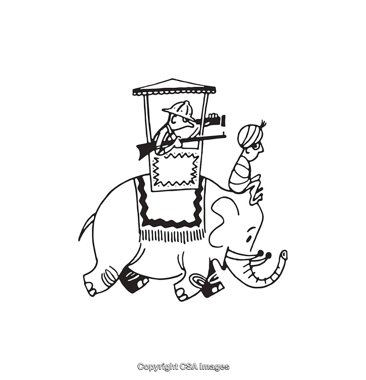 Black And White Elephant Carrying Figures In Traditional Line Art Illustration