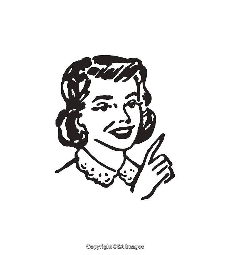 Vintage Black and White Illustration of a Smiling Woman Pointing Up