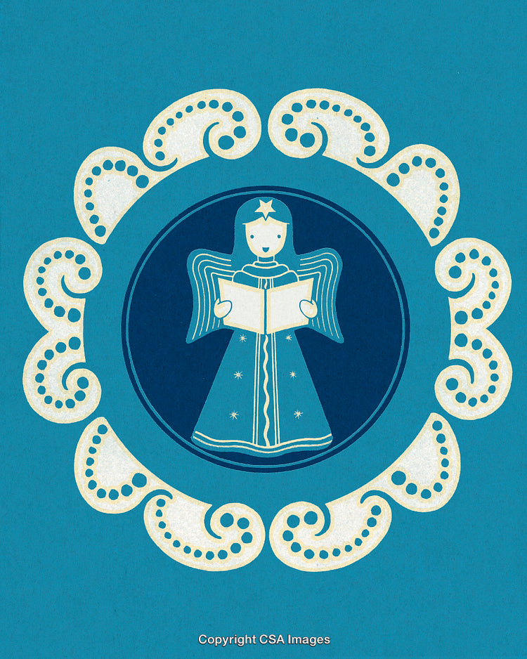 Elegant Christmas Angel Illustration in Blue and White with Decorative Frame