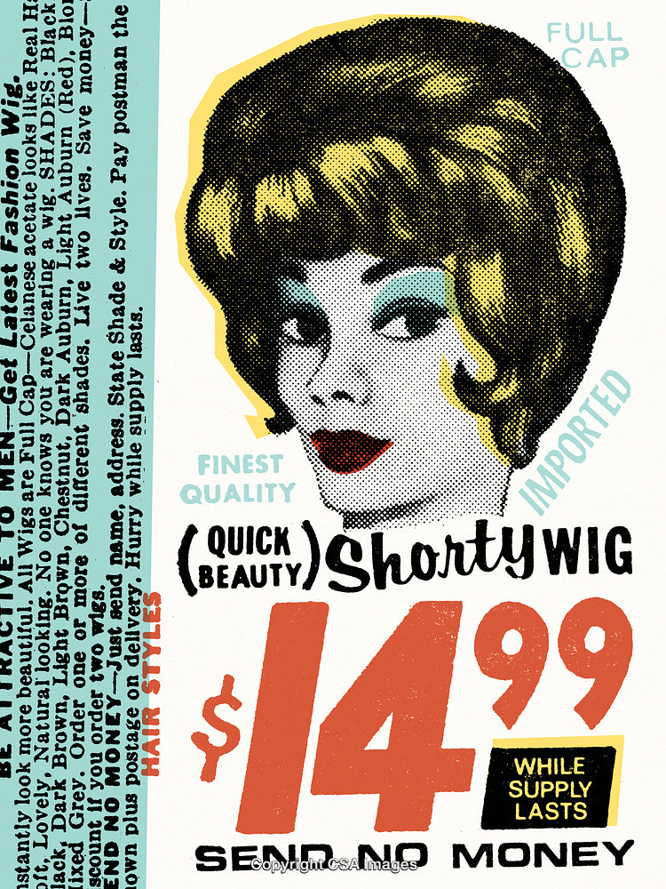 Vintage Advertisement Featuring Retro Wig and Vibrant Typography