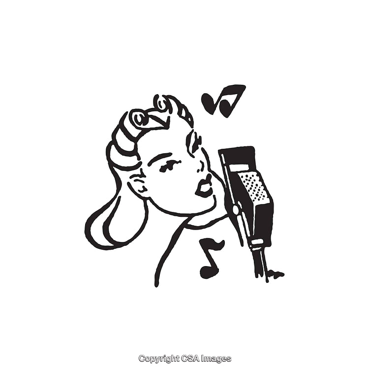 Retro Singing Illustration of a Woman with Notes and Vintage Microphone