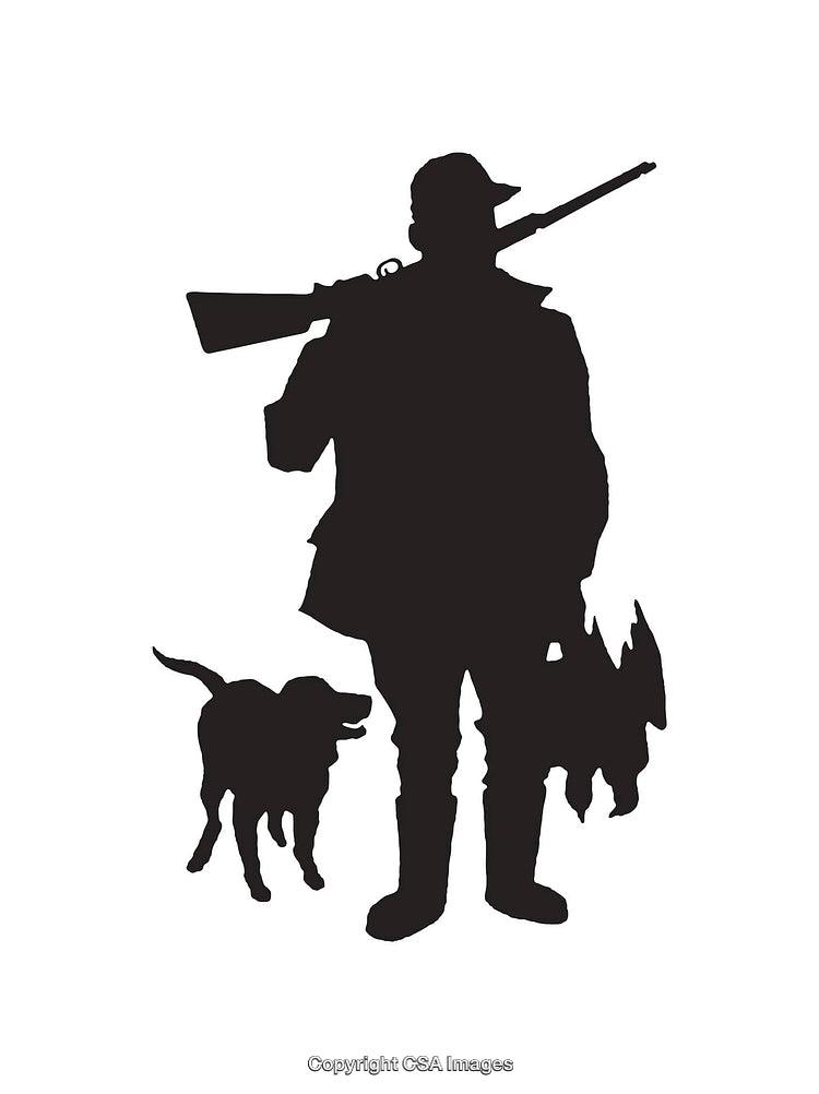 Hunter Silhouette with Dog and Prey in Black and White Line Art