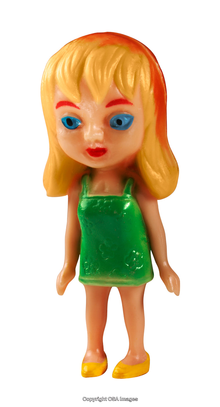 Colorful Plastic Doll Figurine with Green Dress and Golden Shoes
