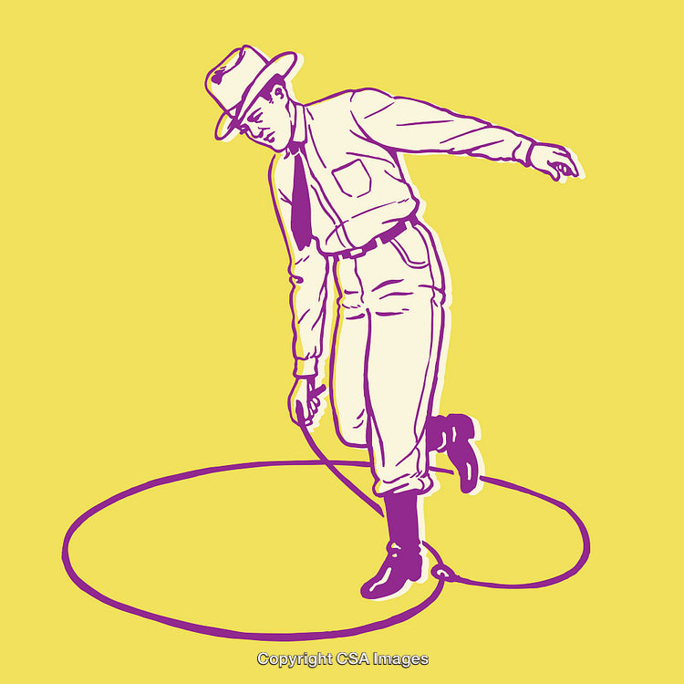 Retro Line Art Illustration of Man Performing with a Rope on Yellow Background