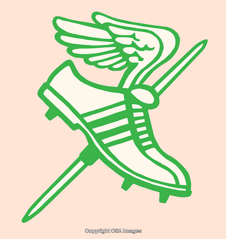 Green Line Art Illustration of Winged Shoe and Sword Design