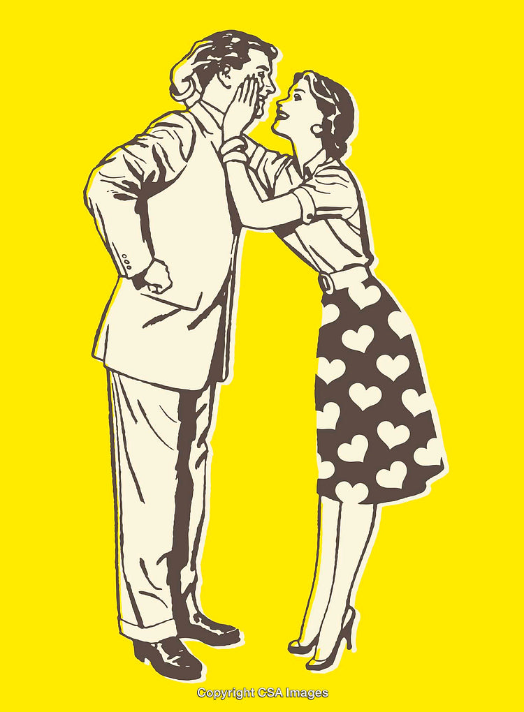 Retro Styled Illustration of Couple Sharing a Whisper Against Yellow Background