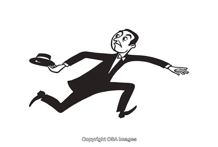 Retro Black and White Illustration of a Running Businessman Holding a Hat