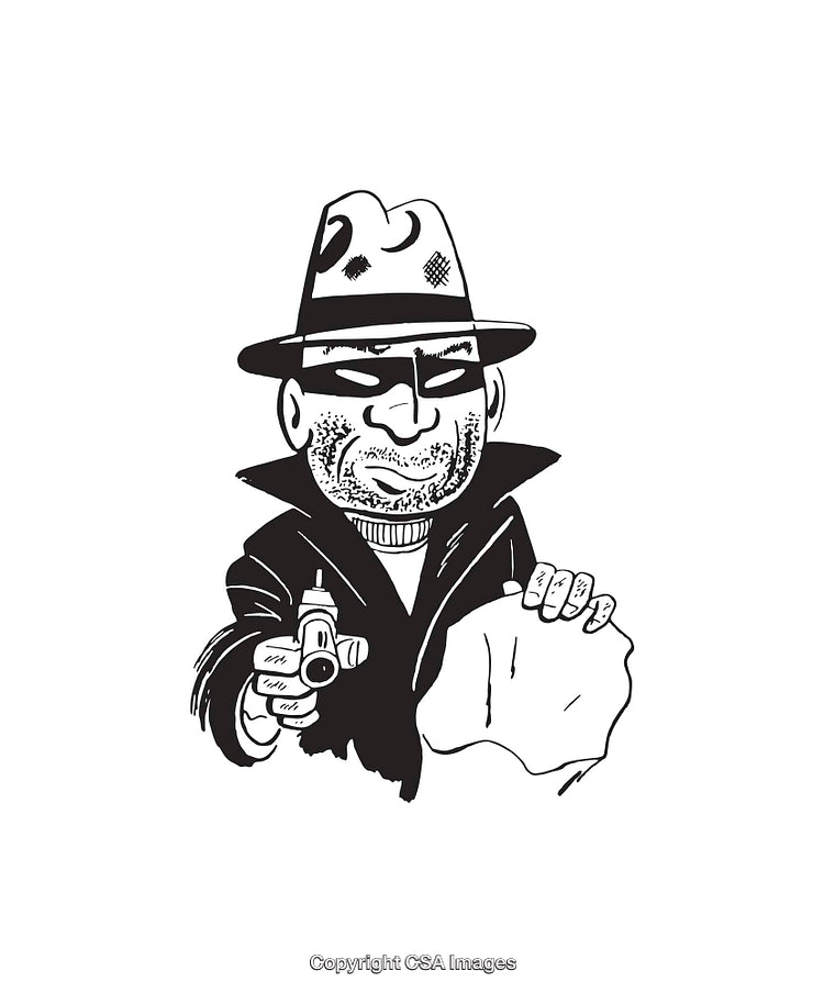 Black-and-White Line Drawing of a Mystical Character with Hat and Object