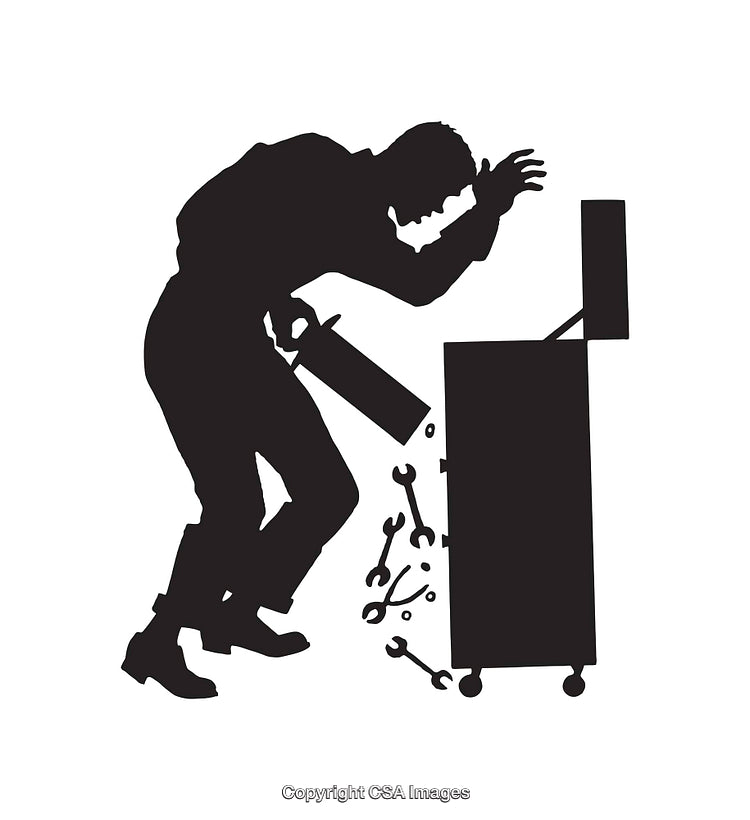 Silhouette of a Worker Fixing a Toolbox with Tools Scattered
