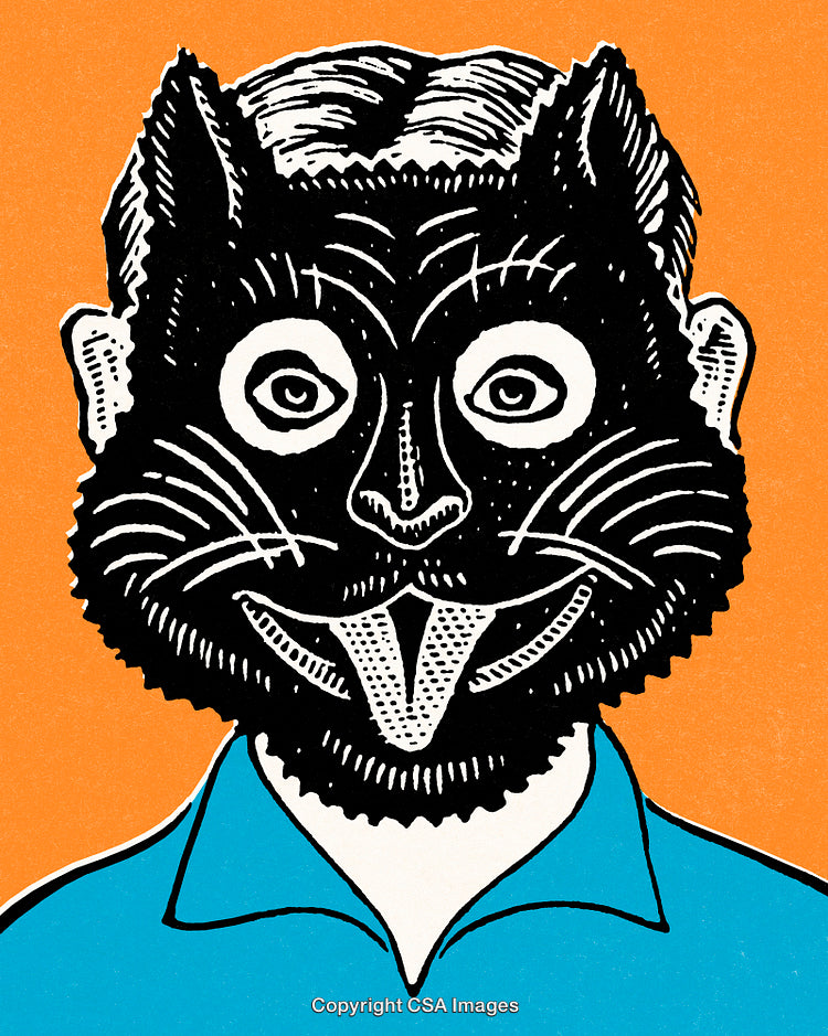 Illustration of A Hybrid Cat-Human Face on Vibrant Background