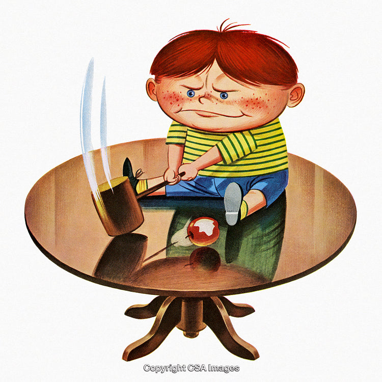 Illustration of a Child with a Hammer on a Wooden Table