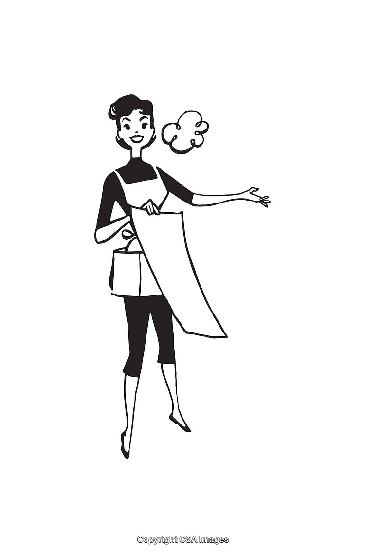 Retro Black and White Illustration of a Happy Woman in Apron