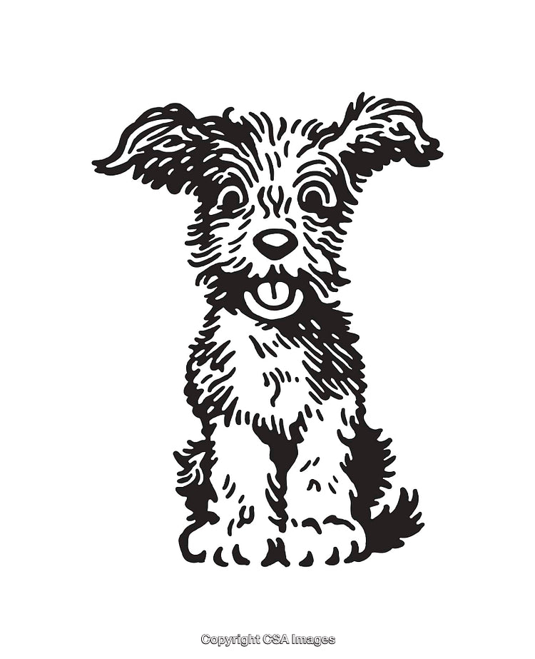 Black and White Line Art of a Cheerful Fluffy Dog