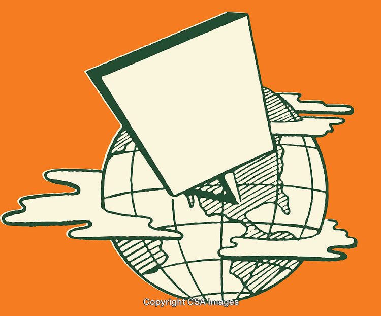 Line Art Illustration of Earth and Blank Sign on Vibrant Background
