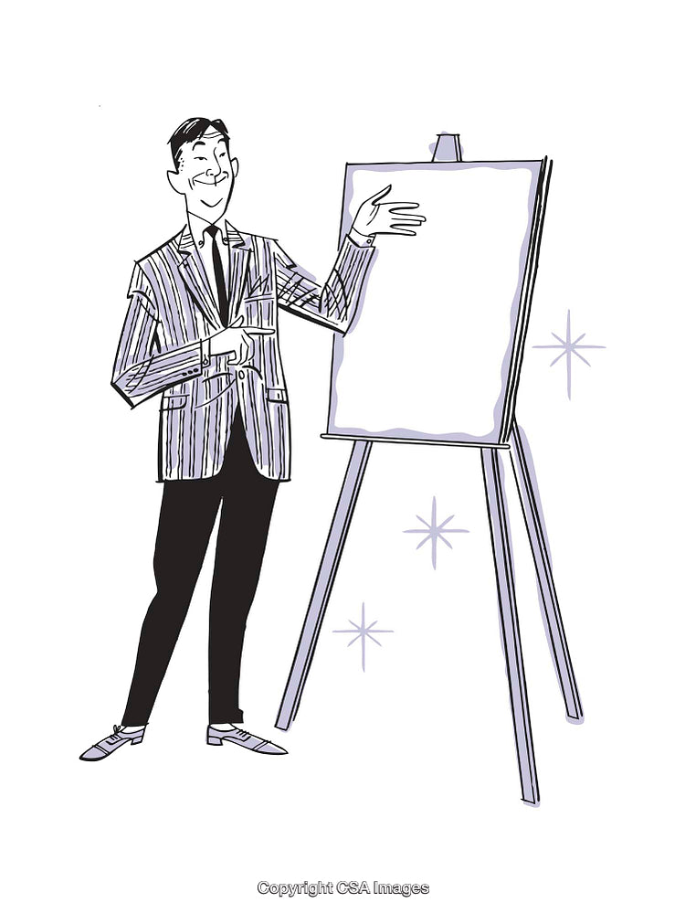 Retro Style Illustration of Man Giving Presentation Using Easel Display