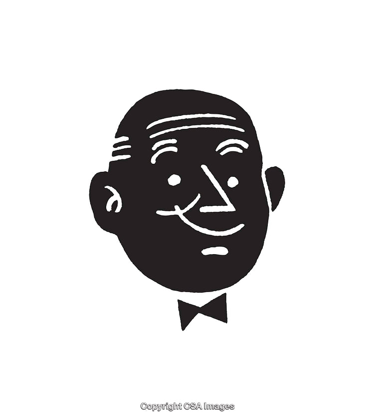 Black and White Line Art Illustration of a Smiling Man with Bowtie