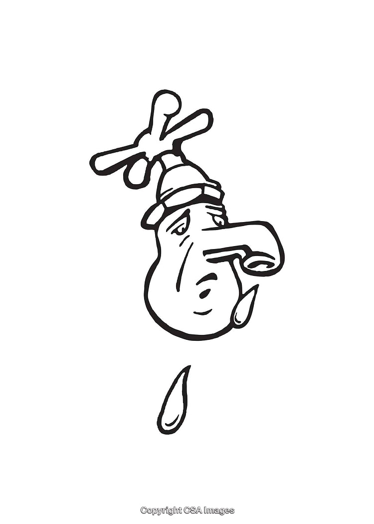 Cartoon Faucet Shaped Like a Face Dripping Water in Black and White