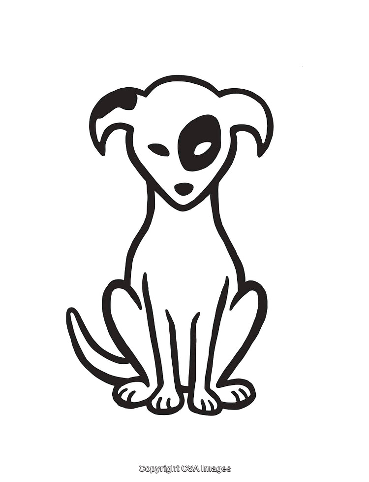 Black and White Line Art of a Dog with a Unique Eye Patch