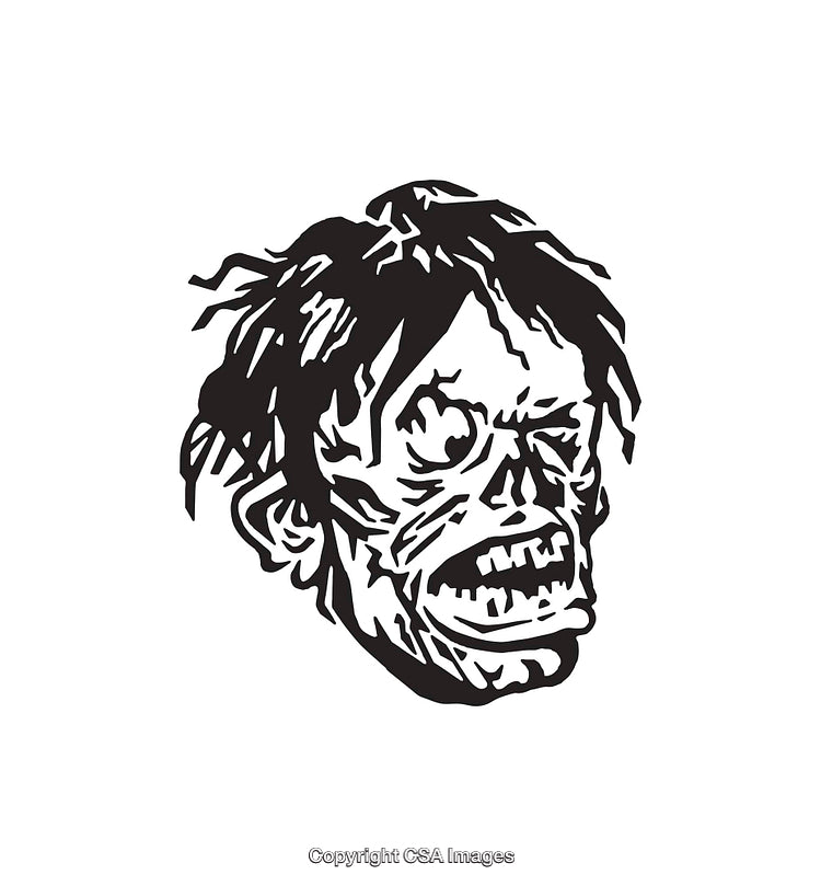 Detailed Black and White Illustration of a Zombie Head with Expression
