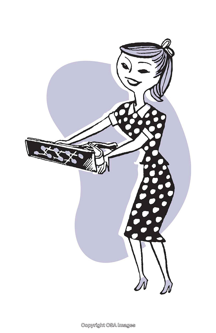 Retro Style Illustration of Woman Holding a Decorated Box in Hand