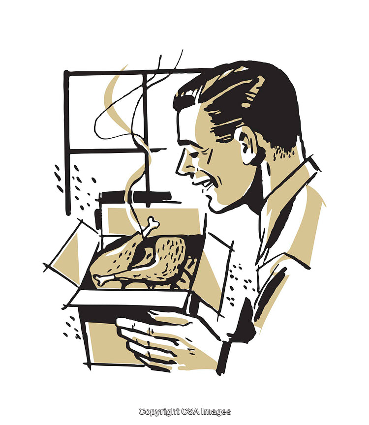 Retro Illustration of a Man Holding a Box with Food Inside