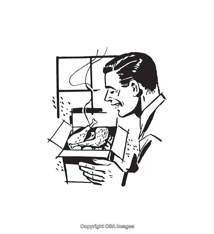 Retro Illustration of Man Examining Roasted Chicken Effect in Black and White