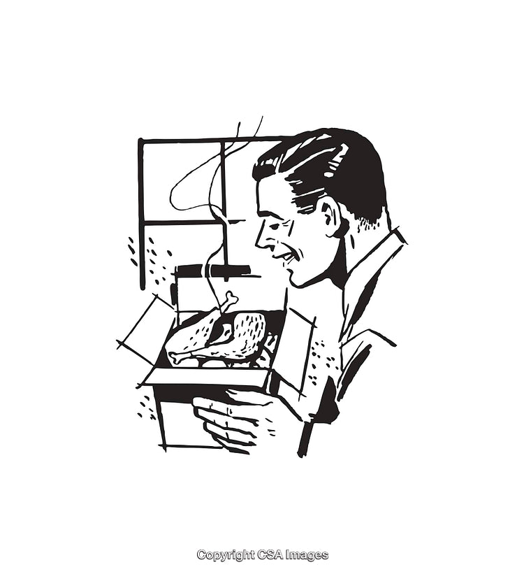 Retro Illustration of Man Examining Roasted Chicken Effect in Black and White