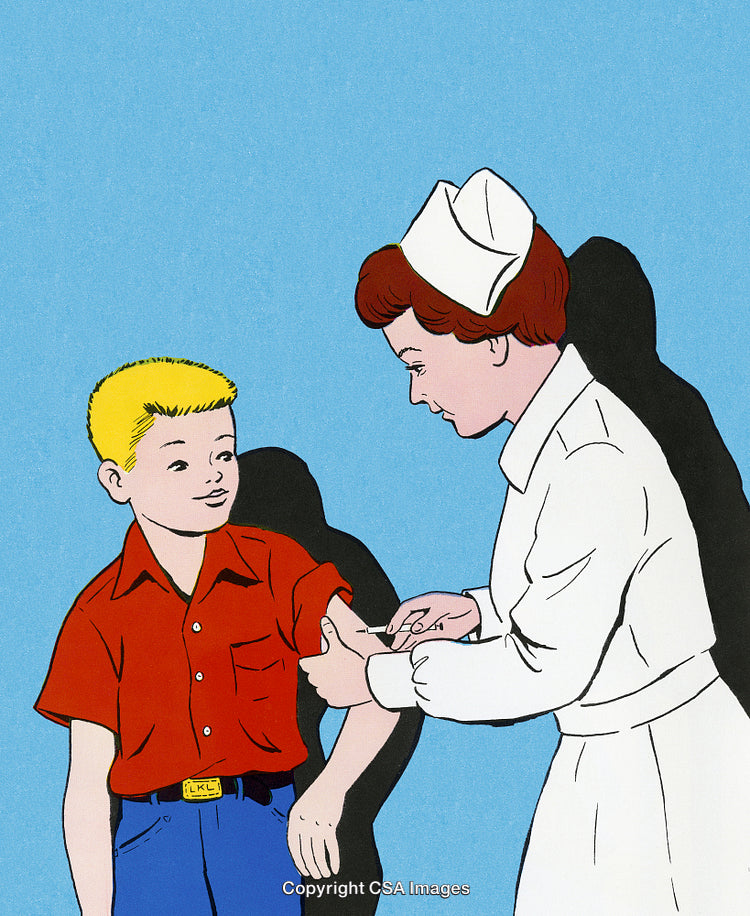 Nurse Administering Vaccine to Young Boy in Red Shirt