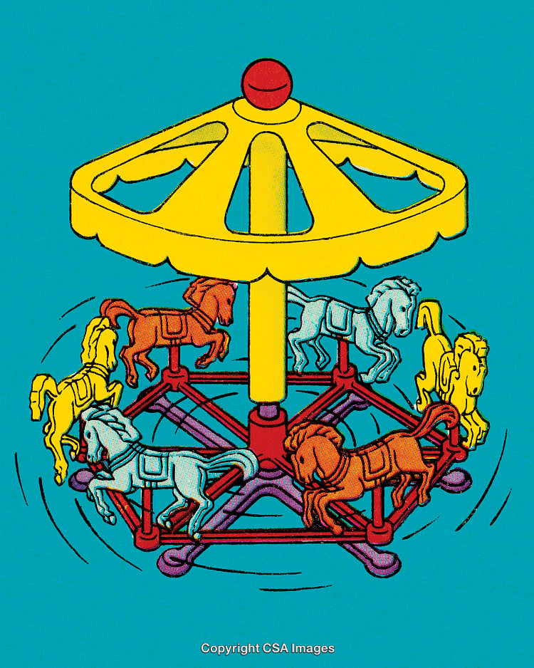 Colorful Carousel Illustration Featuring Rotating Horses on a Turquoise Background