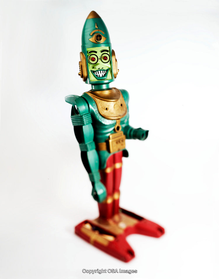 Colorful Retro Robot Toy with Unique Design on White Background