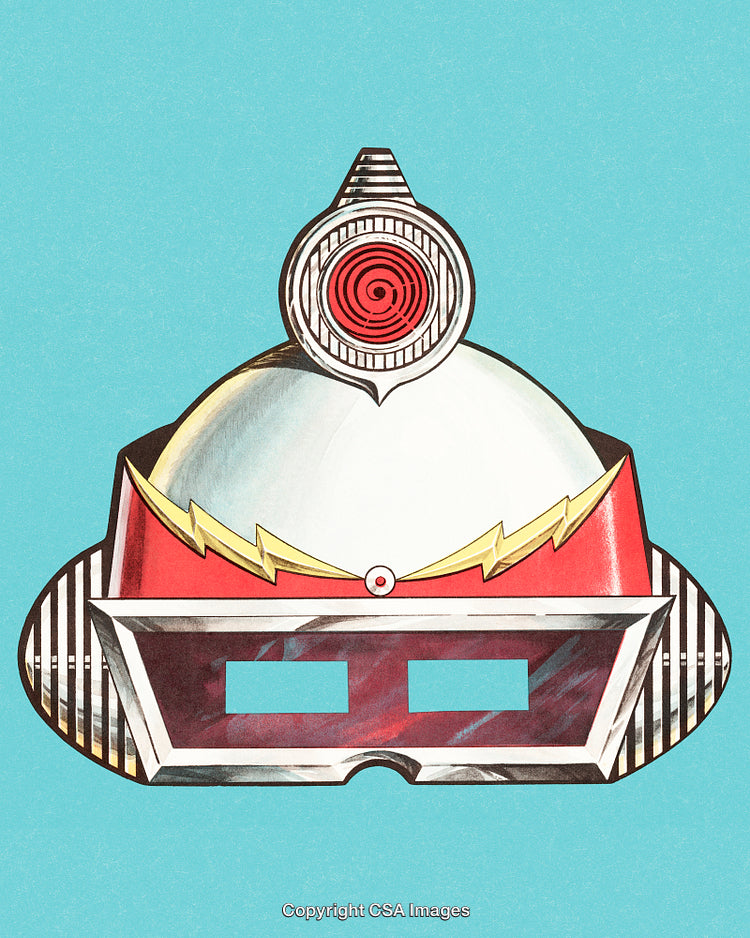 Retro Futuristic Helmet Illustration with Bold Geometry and Vibrant Colors