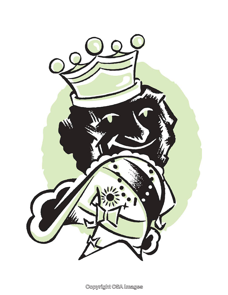 Whimsical Illustration of a Smiling Crowned Figure with a Helmet Art Scene