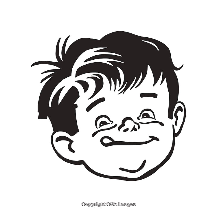 Retro Line Art Illustration of a Smiling Child's Face in Black & White