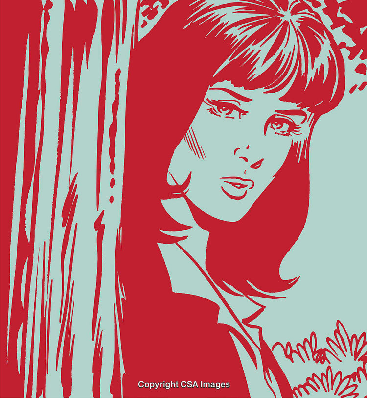 Vintage Pop Art Illustration of a Woman Peering Thoughtfully Behind a Wall