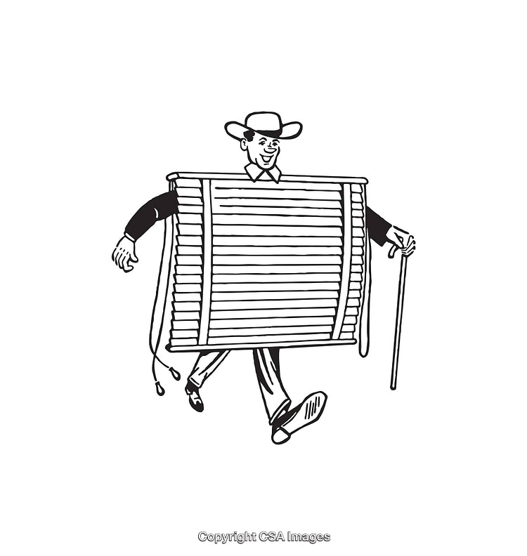 Man in Costume Styled as Window Blinds with Hat and Walking Stick