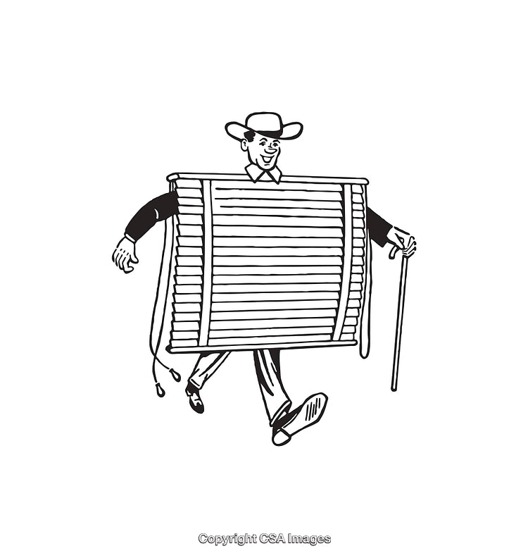 Man in Costume Styled as Window Blinds with Hat and Walking Stick