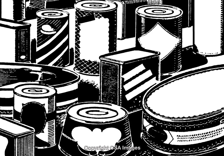 Black and White Engraving of Assorted Containers and Packaging