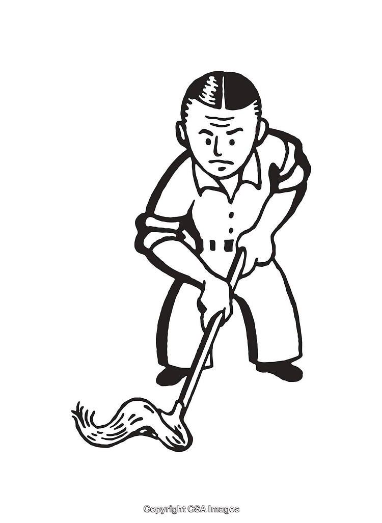 Black and White Line Art Depicting a Person Mopping a Floor