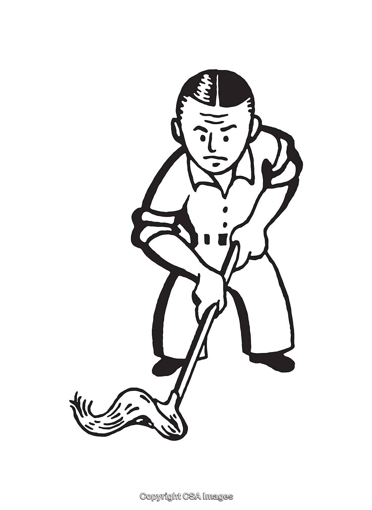 Black and White Line Art Depicting a Person Mopping a Floor