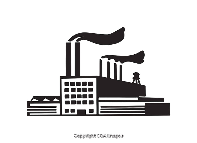 Black and White Line Art Illustration of a Factory with Smoke Stacks